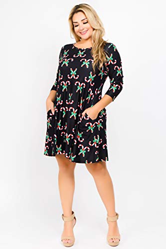 ICONOFLASH Christmas Dresses with Pockets for Women 3/4 Sleeves Swing Holiday Party Dress Up Color Candy Cane Pattern, Small