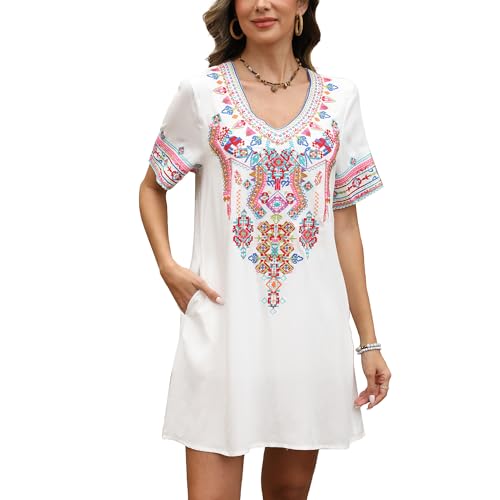 Image of Grosy Fiesta Embroidered Mexican Dress for Women Beach Vacation Plus Size Short Sleeve Summer Boho Dresses with Pocket