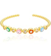 PAENENPH 14K Gold Crystal Evil Eye Open Cuff Bangle for Women,Delicate Colorful Devil's Eye Beade...