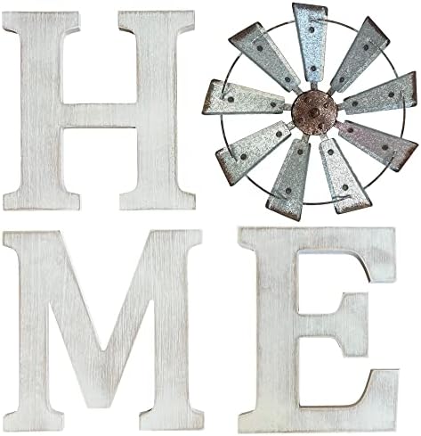 Farmhouse Wall Decor Home Letters Sign with Rustic Metal Windmill, Vintage White or Walnut Wood Letters, Country Decor, Wall Hanging Home Sign