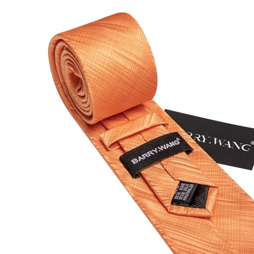Image of Barry.Wang Orange Silk Men Ties Formal Stripes Necktie and Tie Clip for Wedding Party Business Fashion Classic