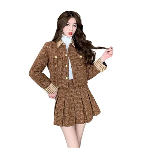 Veste d'hiver en tweed chic pour aller au bureau en jupe plissée