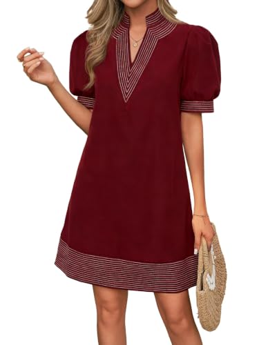 Wenrine Womens Summer V Neck Puff Short Sleeve Boho Mini Shift Dresses