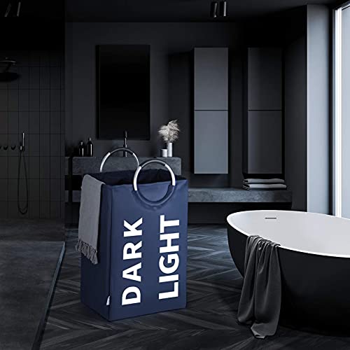 Double Laundry Hamper With Comfortable Handle, Waterproof Oxford Cloth Laundry Basket,Self-Standing Clothes Hamper,Folding Storage Organizers For Dorm Room (Dark Blue) #TOP5