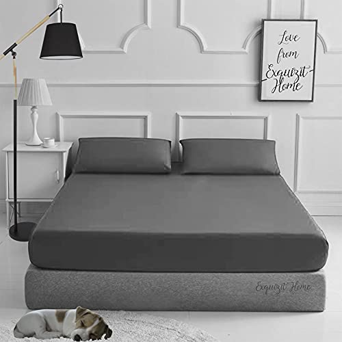 EXQUIZIT HOME Spannbetttuch mit passendem 1 x Kissenbezug, unifarben, Poly-Baumwolle, Perkal, pflegeleichtes Bettlaken für Einzelbett Cover