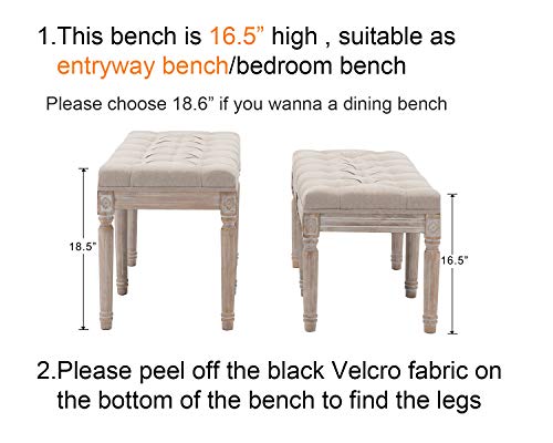 Kmax Upholstered Entryway Bench, Rustic Ottoman Bench With Carved Pattern & Rustic White Brushed Rubber Wood Legs, Beige #TOP2