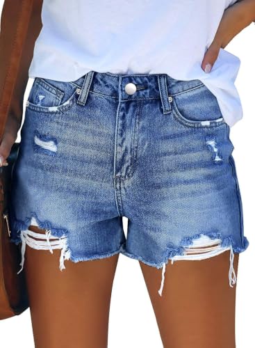 Image of onlypuff Womens Jean Short Cut Off Denim Shorts High Waist Ripped Distressed Stretchy