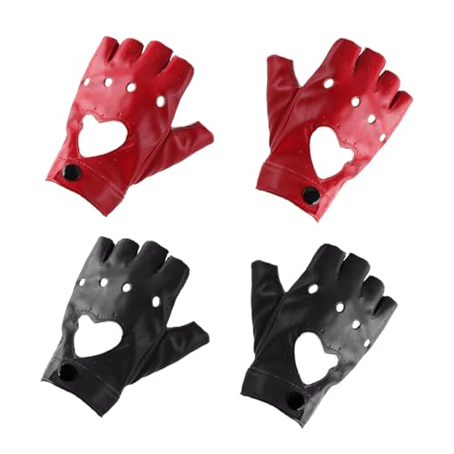 NOIAFZY 2Pairs Unisex Red Black Punk Heart-Shaped Half Finger Gloves Breathable Cut Out Design for Dance Fitness Stylish Comfort Fit