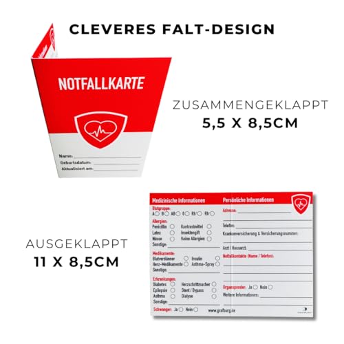 GRAFBURG Notfallkarte für den Geldbeutel – Faltbarer Notfallausweis mit Erste-Hilfe-Guide – 2-seitig zum Ausfüllen medizinischer Daten – Kreditkartenformat - Set mit 6 Karten