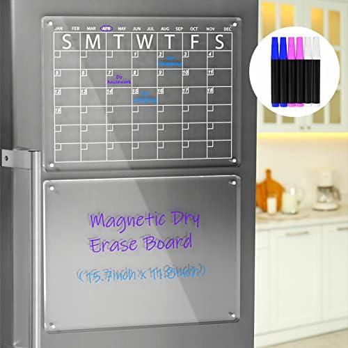 AITEE Acrylic Magnetic Dry Erase Board and Calendar for Fridge, Clear Set of 2 for Refrigerator Reusable Planner, Includes 6 Dry Erase Markers with 3 Colors(16"x12"Inches)