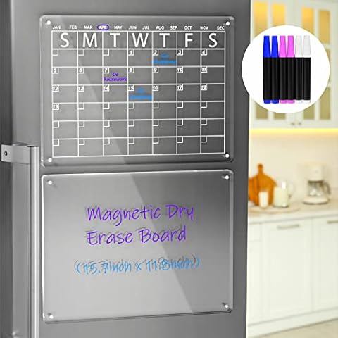 AITEE Acrylic Magnetic Dry Erase Board and Calendar for Fridge, Clear Set of 2 Dry Erase Board Calendar for Refrigerator Reusable Planner, Includes 6 Dry Erase Markers with 3 Colors(16"x12"Inches) Cover
