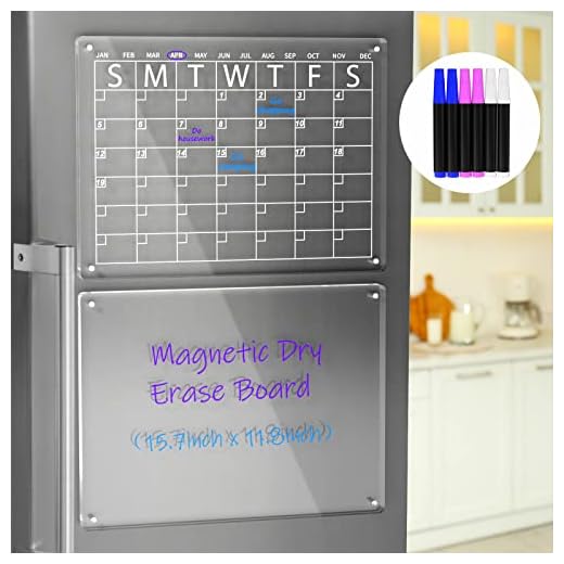 AITEE Acrylic Magnetic Dry Erase Board and Calendar for Fridge, Clear Set of 2 Dry Erase Board Calendar for Refrigerator Reusable Planner, Includes 6 Dry Erase Markers with 3 Colors(16"x12"Inches)
