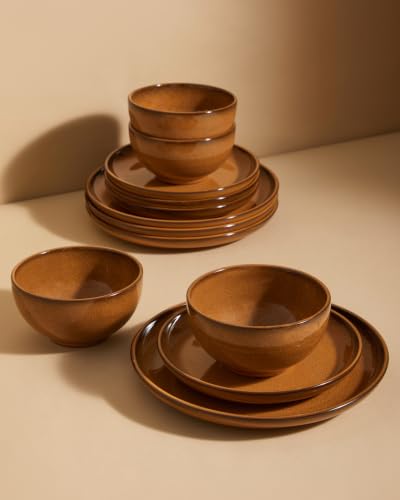 Image of Pokini Stoneware Dinnerware Sets for 4, 12pcs Plates and Bowls Sets Dishes
