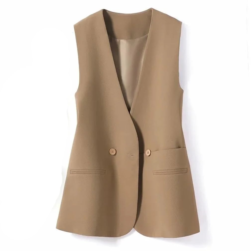 Chaleco largo con cuello en V para mujer, sin mangas, con doble botonadura