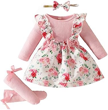 puseky Newborn Baby Girl Clothes Ruffle Long Sleeve Romper Dress Floral Jumpsuit Bodysuit+Headband+Socks Cute Baby Outfits