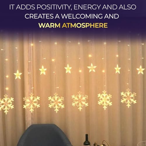 Image of K D Waterproof 6 Snow+ 6 Star Warm Yellow 138 LEDs Curtain LED String Lights with 8 Flashing Modes Indoor Outdoor for Home, Diwali, Christmas (Warm Yellow)