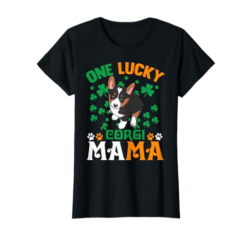 One Lucky Dog Mama Funny Tricolor Corgi Mom Día de San Patricio Camiseta