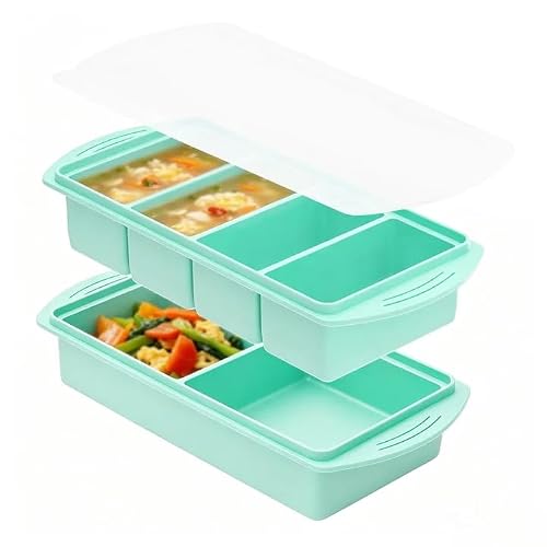 2PCS Silicone Freezer Tray With Lid, Soup Freezer Container Molds Set, 2 Cup & 1 Cup Combo, with 1 Ice CubeTtray Mold, for Freezing Broth, Meal Prep, Dishwasher&Oven Safe (Green)