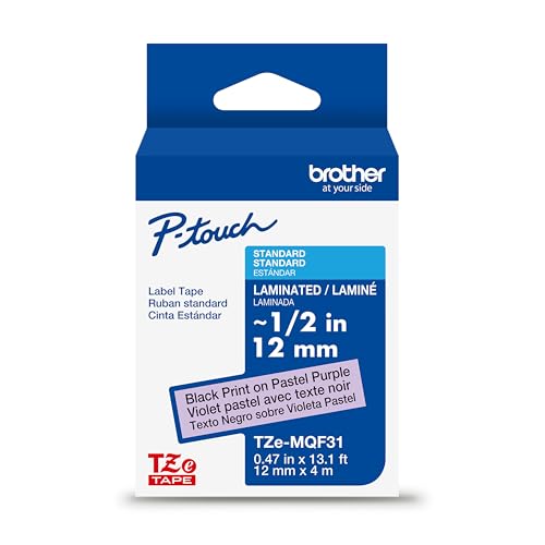 Brother Genuine P-Touch TZE-MQF31 Tape, 1/2" (0.47") Wide Standard Laminated Tape, Black on Pastel Purple, Laminated for Indoor or Outdoor Use, Water-Resistant, 0.47" x 26.2' (12mm x 8M), TZEMQF31