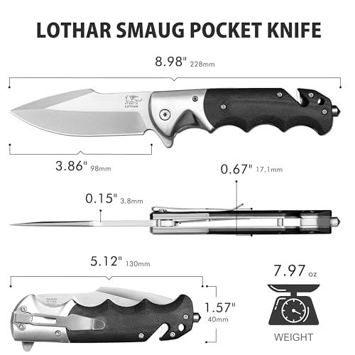 LOTHAR SMAUG Pocket Knife, 3.7 inch D2 Steel Folding Knife with Clip, Sharp Tactical Knife with G10 Handle, Glass Breaker, Pocket Knives for Men, Survival Knife Valentines Day Gifts for Him Men Women