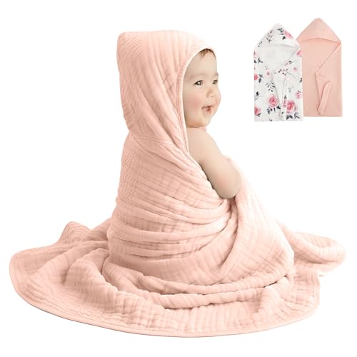 Image of david's kids 2 Pack Baby Hooded Towels, Large 32 inchx32 inch, 6 Layer 100% Muslin Cotton Absorbent Girl Bath Towel for Newborn, Infant and Toddler. Soft and Breathable Baby Essentials, Pink Floral&Rose
