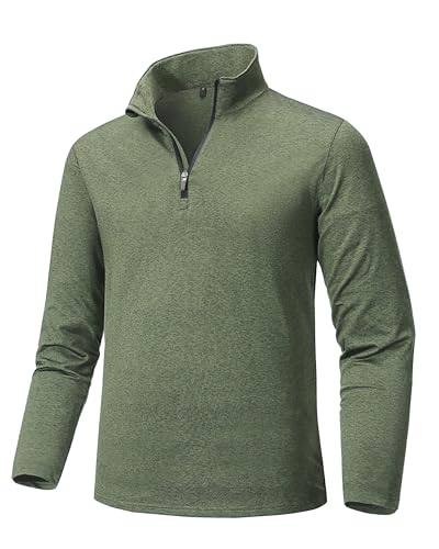 Tansozer Mens Fleece Tops Half Zip Lightweight Long Sleeve T Shirt Dry Fit Sports Jumper Outdoor Hiking Fleece Shirts, Army Green, M