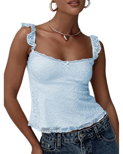 Felcia Women's Summer Y2k Lace Cami Tops Sleeveless Backless Low Cut Lace Floral Tank Tops (A-Sky Blue, S)