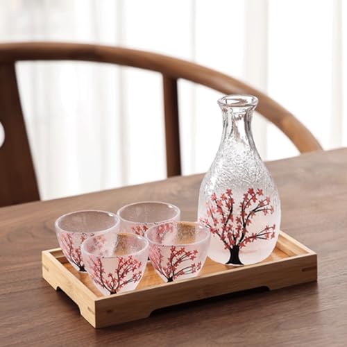 GRCQLWT Cherry Blossom Design Japanese-Style Sake Set with Warmer Glass Carafe and 4 Cups Ideal for Sake Soju Traditional Liquor Sake Drinking Set (Pink)