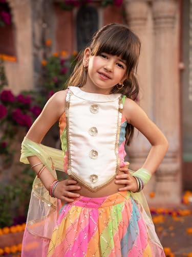 Image of Pspeaches Girls 3-Piece Halter Neck Sleevless Georgette Lehenga, Choli & Dupatta