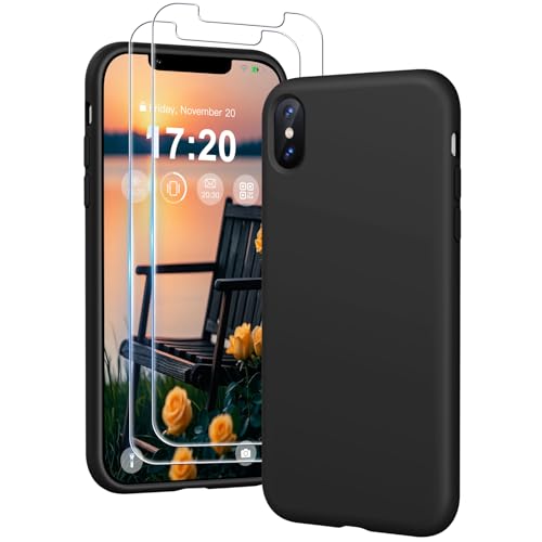 PuyaTeya 3 in 1 Hülle für iPhone X/XS, mit 2 Stück 9H Panzerglas Premium Liquid Silikon Hülle, mit 4-Layer stoßfeste abriebfestes, Soft Mikrofaserfutter Kratzfes Schutzhülle(Tiefschwarz)