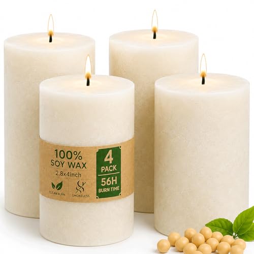 4 Pack Soy White Pillar Candles Natural Soybean Pillar Candles 55 H Long Lasting Burning-Unscented Dripless and Smokeless Rustic White Hand-Poured Candles Dinner Table for Wedding Home Decor 2.8x4in
