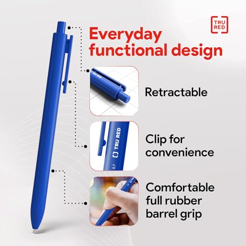Image of Staples TRU RED Retractable Gel Pens, Medium Point 0.7mm, Blue Ink, 12 Pack - Quick-Dry Pens for Smooth, Smear-Free Writing