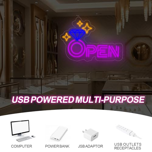 Image of Diamond Open Indoor Neon Sign For Jewelry Store Business Open LED Light | USB Powered Dimmable Diamond Storefront Wall Art Diamond & Sparkle Stars Wall Decoration, 16.5 inchx11 inch, Purple
