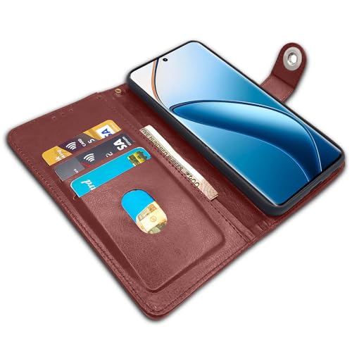 Image of Pikkme Realme 12 Pro 5G / Realme 12 Pro Plus 5G Flip Cover Leather Finish | Inside TPU with Card Pockets | Wallet Stand and Shock Proof | Complete Protection Button Flip Case (Brown)