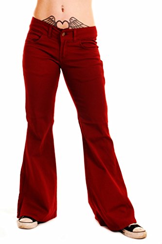 Run & Fly Ladies 70s Retro Burgundy Stretch Vintage Hipster BellBottom Super Flares