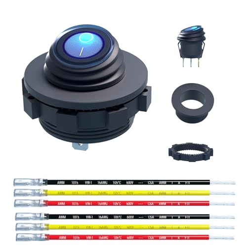 Image of Qidoe 2Pcs 12V Rocker Switch: 16 AWG Detachable Wires DC Switch 3.3-30V Round Blue Lighted On Off SPST for 12 /24V Marine Car Motorcycle