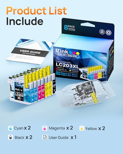 Image of E-Z Ink LC203XL Compatible for Brother LC203 LC201 Ink Cartridges 8 Pack | LC203XL LC201 use with MFC-J480DW MFC-J880DW MFC-J4420DW MFC-J680DW MFC-J885DW (Black, Cyan, Magenta, Yellow)