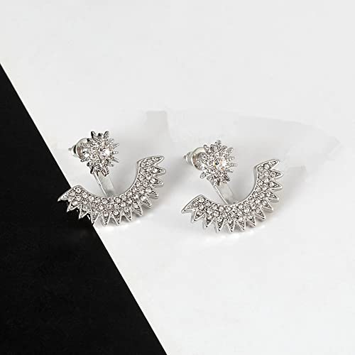 Jumwrit Starburst Earrings: Spike Ear Jacket & Dangle Earrings in Silver with Rhinestone Stones3
