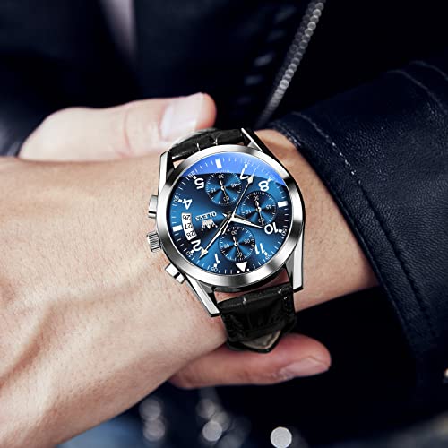 Olevs Leather Watches For Men Blue Silver Watches Men Bezel Chronograph Black Faux-Leather Wristwatch Men's Sport Clock Casual Stainless Steel Watches Dress Luminous Big Face Men's Watch Easy Read #TOP2