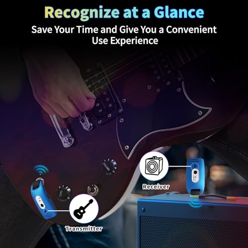 INGPARTNER A9 Wireless Guitar System 2.4GHz Built-in Rechargeable Lithium Battery 270°Rotatable Audio Wireless Transmitter Receiver for Acoustic Guitar Bass Violin Keyboard Electric Instruments, Blue