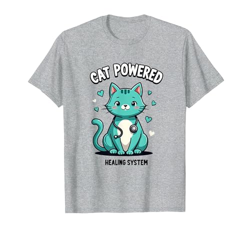Cat Powered Healing System Feline Therapy Design T-Shirt, Men, Heather