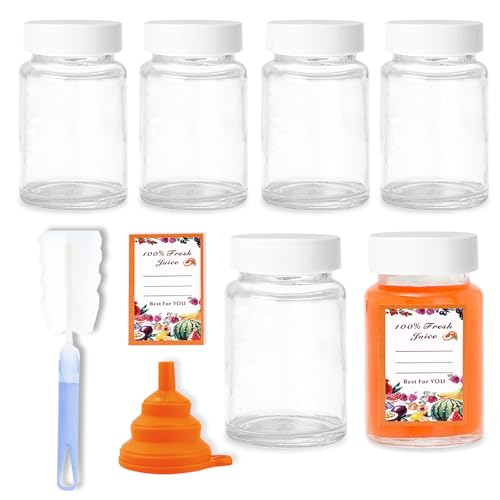 6Pack 4oz Glass Shot Bottles with Caps,Juicing Bottles Reusable,Ginger Shot Glasses Containers for Liquids,Sample,Wellness Shot,Turmeric,Juice,DIY,with Funnels,Stickers,Wide Mouth,Leakproof（White）
