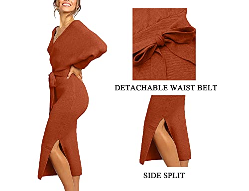 Cherfly Women's V Neck Sweater Dresses Batwing Long Sleeve Backless Bodycon Dress With Belt(02 Caramel,Medium) #TOP4