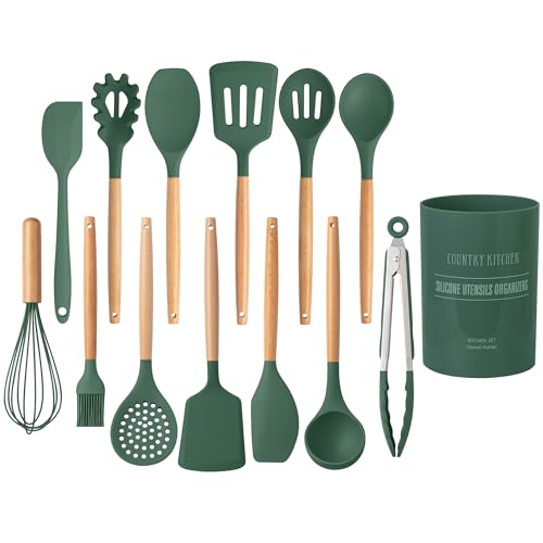 Country Kitchen Non Stick Silicone Utensil Set with Rounded Wood