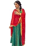Dupatta Bazaar Woman's Embroidered Designer Red & Gold Chiffon Dupatta Stole / Scarf Shawl/Chunni