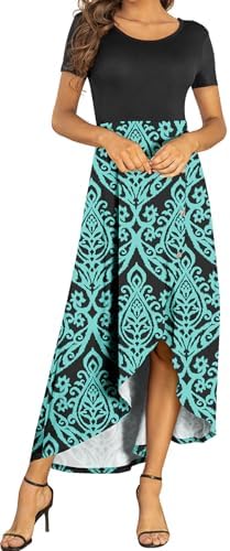 Womens Summer Maxi Dresses High Low Hem Casual Short Sleeve Dress with Buttons
