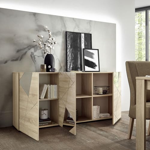 Bonussi Madia Design Moderno 3 Ante Con Serigrafie E Specchi Vittoria 181X42X84 Cm Rovere Samoa - 2