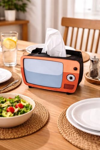 Image of TV Orange Wooden Tissue Box - Retro Tissue Holder for Home, Office & Car | Creative Wooden Napkin Dispenser | Decorative Tissue Case for Living Room & Bedroom (Retro TV Tissue Holder 2)