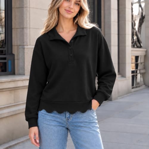 Womens Oversized Sweatshirts with Scalloped Hem Button Henley Collar Tops - image 2