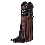 SaraIris Women's Black Cowboy Boots Fringe Boots Knee High Cowgirl Boots Chunky Heel Western Boots Buckle Strap Fashion Pointed Toe Pull On Tassel Boots for Women Size 7.5